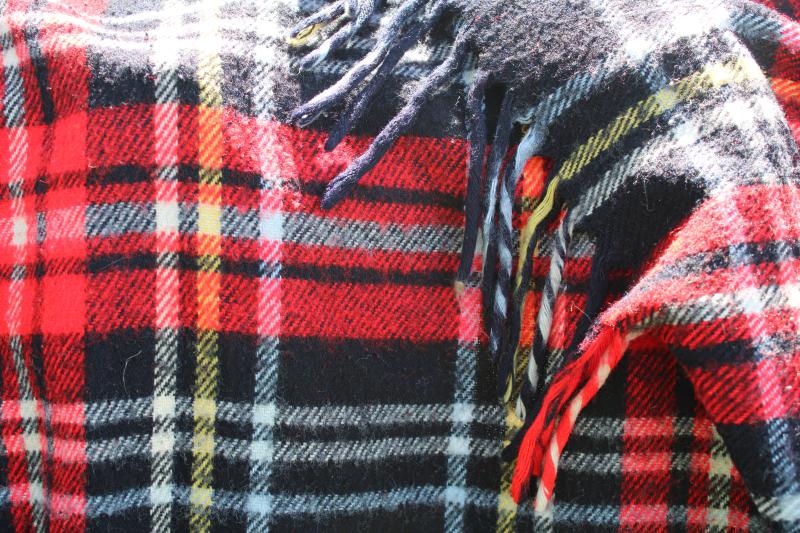 vintage red & black woven plaid blanket, fringed throw rustic camp / cabin decor