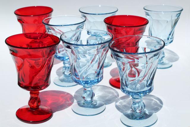 vintage red & blue glass water goblets or wine glasses, Fostoria Jamestown colored glass