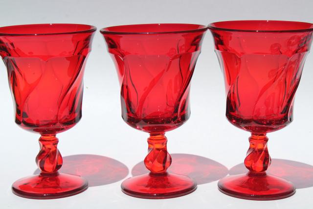 vintage red & blue glass water goblets or wine glasses, Fostoria Jamestown colored glass