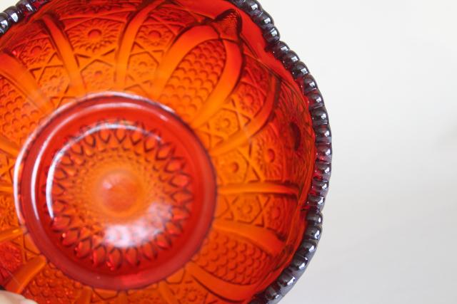 vintage red carnival glass rose bowl, Indiana glass sunset heirloom pattern