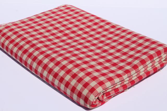 vintage red checked flax linen fabric, french farmhouse or bistro tablecloth / kitchen towel cloth