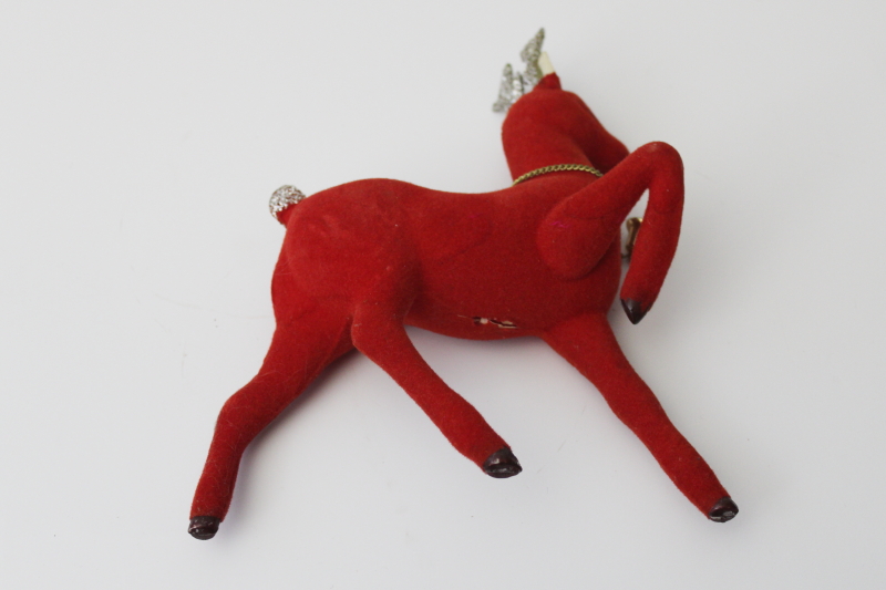 vintage red flocked plastic deer, large Christmas decoration reindeer w/ bell
