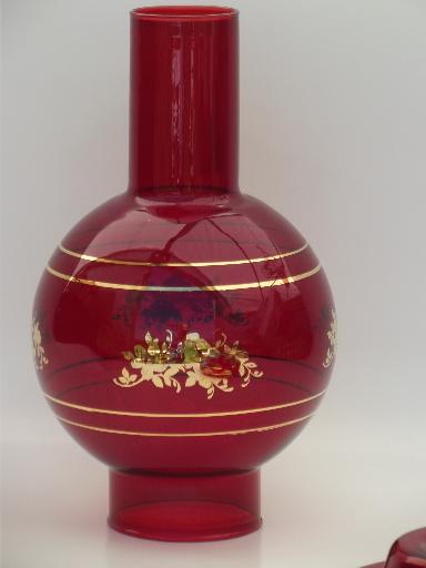vintage red glass candle lamp w/ large red glass hurricane chimney shade 