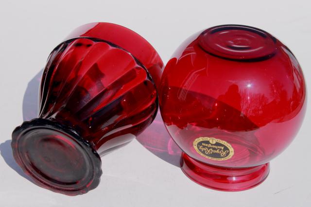 vintage red glass candy dish, tumbler vase, ball candle holder w/ Royal Ruby Anchorglass label