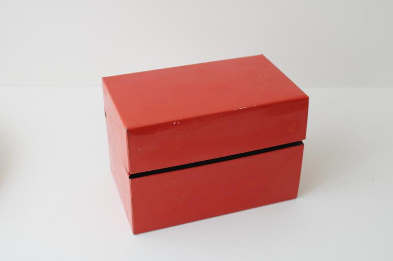 vintage red metal file card box, recipe cards box for retro kitchen recipes