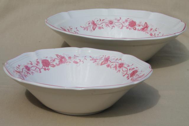 vintage red - pink transferware India tree stoneware pottery, large salad bowls 