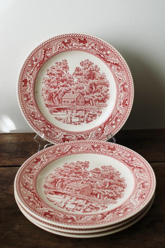 vintage red pink transferware china dinner plates, Memory Lane Currier & Ives style scene