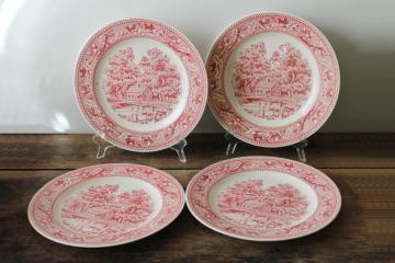 vintage red pink transferware china dinner plates, Memory Lane Currier & Ives style scene