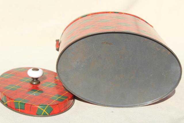 vintage red plaid tartan ware tin sewing box or lunch bucket pail w/ lid