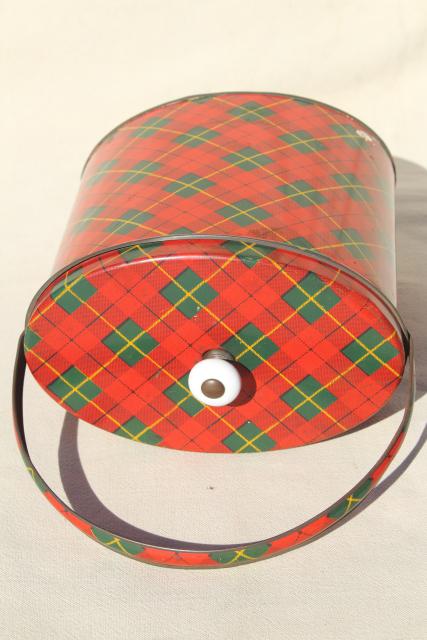 vintage red plaid tartan ware tin sewing box or lunch bucket pail w/ lid