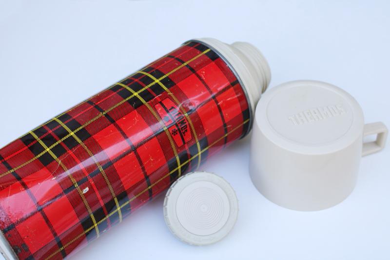vintage red plaid tartanware Thermos w/ plastic stopper & mug, for camping or lunchbox