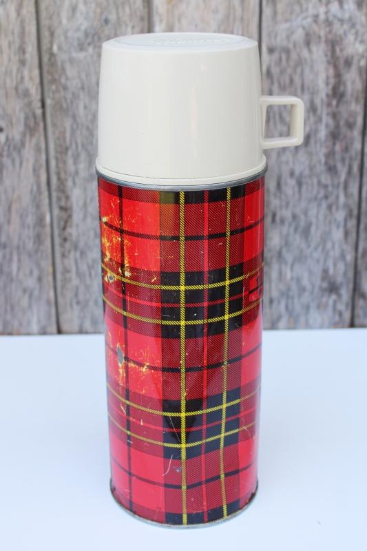 vintage red plaid tartanware Thermos w/ plastic stopper & mug, for camping or lunchbox