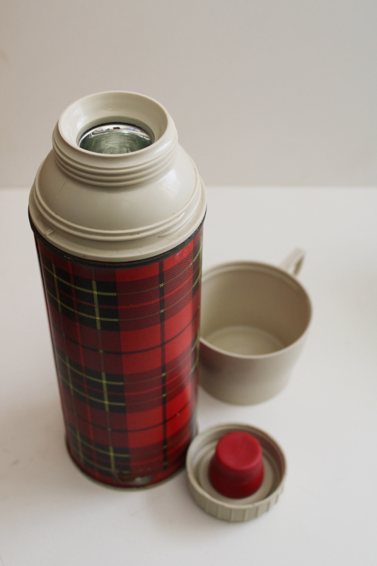 vintage red plaid tartanware Thermos w/ plastic stopper  mug, for camping or lunchbox