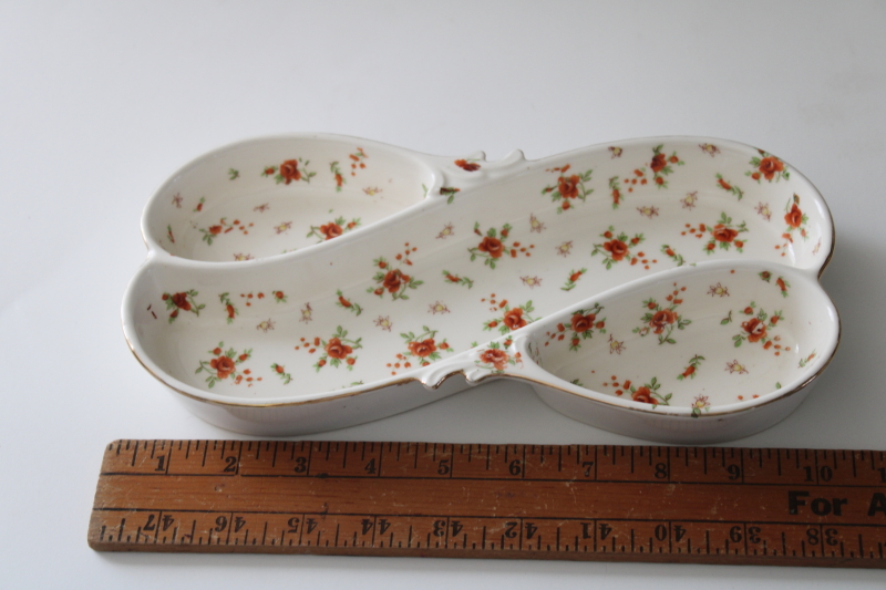 vintage red rose chintz china candy dish or tidbit tray, hand painted Japan MM mark
