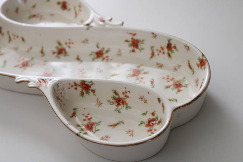 vintage red rose chintz china candy dish or tidbit tray, hand painted Japan MM mark