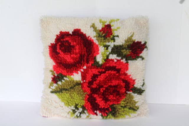vintage red rose shaggy rug pile latch hook cushion, 70s retro boho toss pillow