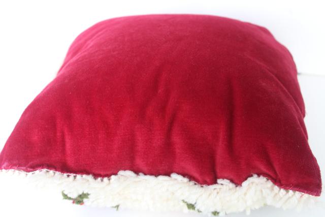vintage red rose shaggy rug pile latch hook cushion, 70s retro boho toss pillow