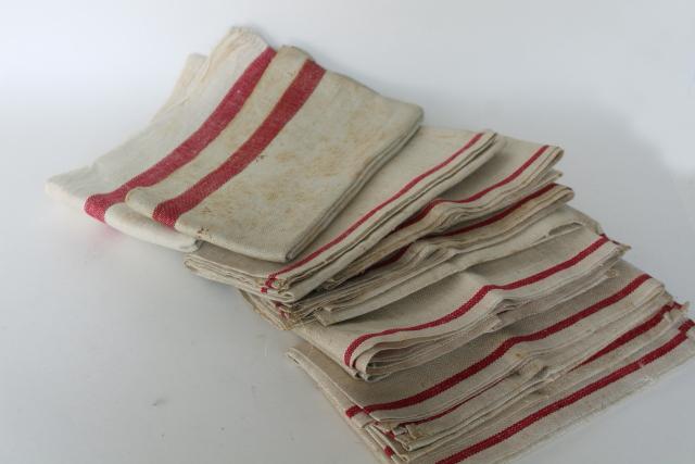 Antique Vtg French Rustic Towel Linen Fabric Red Ticking Stripe~ Mono MC or  ML 
