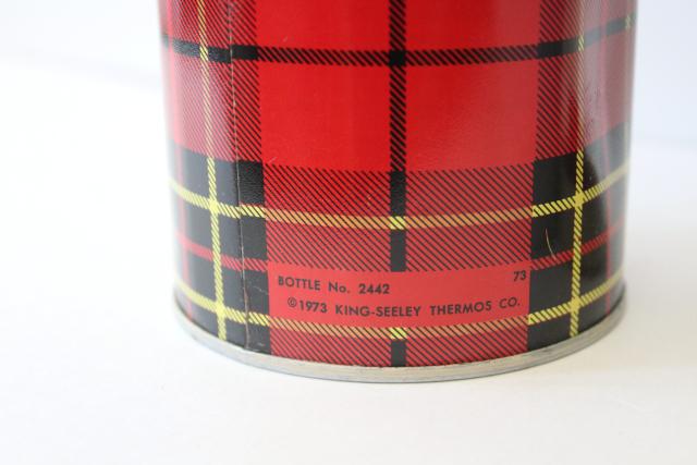 vintage red tartan plaid Thermos bottle, King Seely insulated cooler for camp, picnics