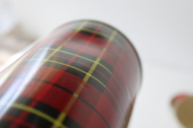 vintage red tartan plaid Thermos bottle, King Seely insulated cooler for camp, picnics