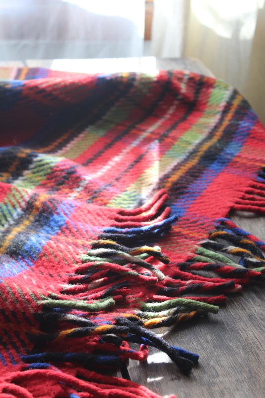 vintage red tartan plaid camp blanket, cozy heavy wool throw w/ fuzzy fringe