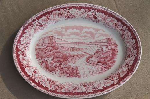 vintage red transferware Currier & Ives china Suspension Bridge platter Homer Laughlin