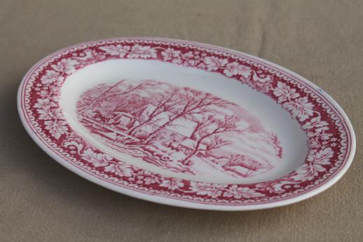vintage red transferware Currier & Ives china Winter in the Country platter Homer Laughlin