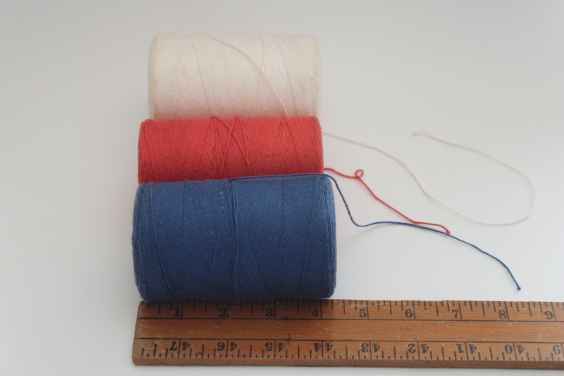 vintage red white blue cotton string or package tying cord, big old spools of heavy cotton thread