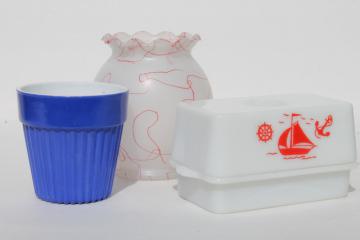vintage red, white & blue kitchenware - sailboat milk glass block butter dish, vase, planter