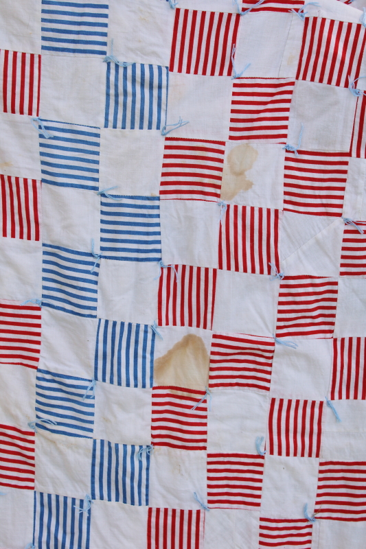 vintage red, white, blue patchwork blocks tied quilt w/ cotton feed sack fabric backing
