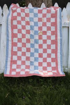 vintage red, white, blue patchwork blocks tied quilt w/ cotton feed sack fabric backing