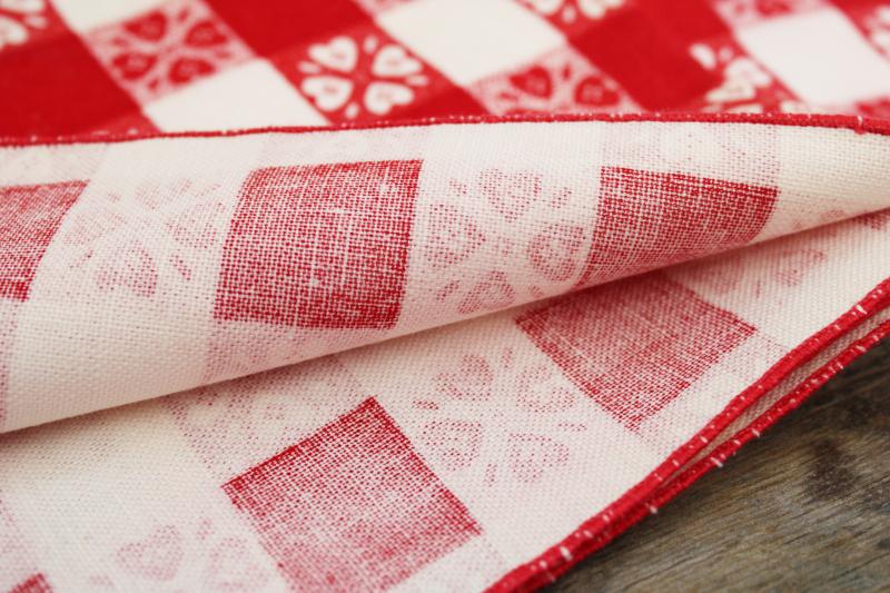 vintage red & white checked cloth napkins, hearts gingham print cotton fabric