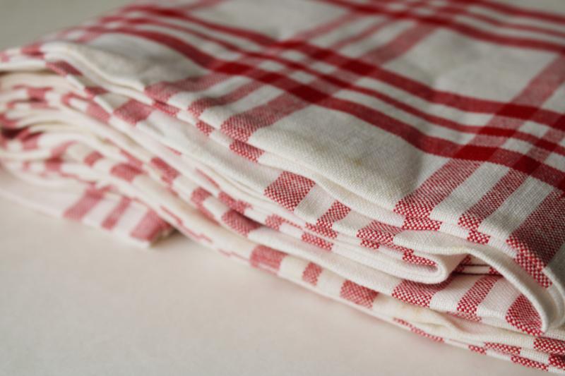 vintage red & white checked plaid cotton linen fabric, French country metis