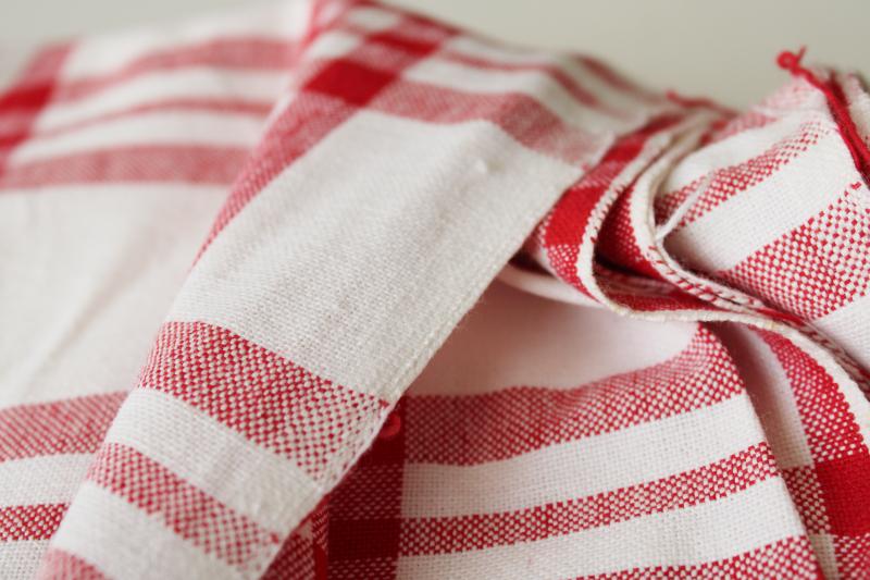 vintage red & white checked plaid cotton linen fabric, French country metis