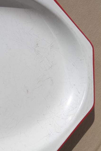 vintage red & white enamelware tray, 1930s art deco kitchenware octagon shaped platter