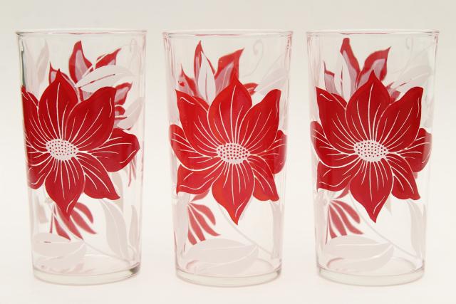 vintage red & white flower print drinking glasses, holiday poinsettia swanky swig tumblers