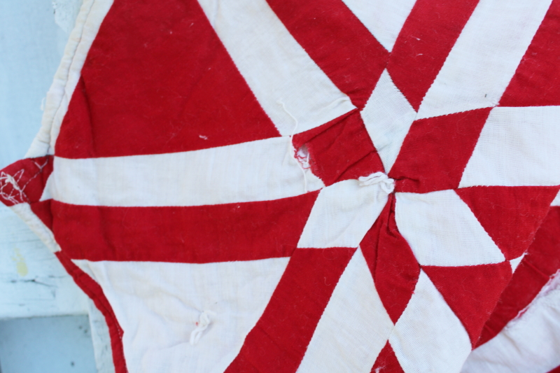 vintage red  white patchwork quilt triangles  stars, shabby cutter feedsack fabric quilt