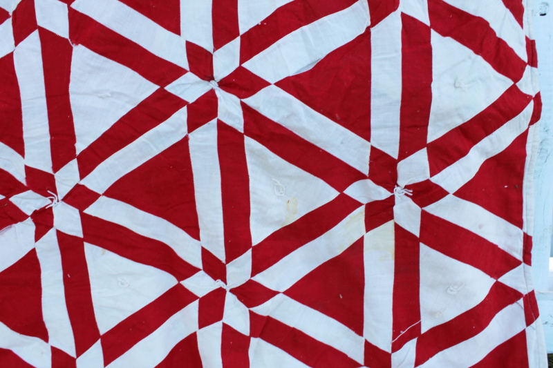 vintage red  white patchwork quilt triangles  stars, shabby cutter feedsack fabric quilt