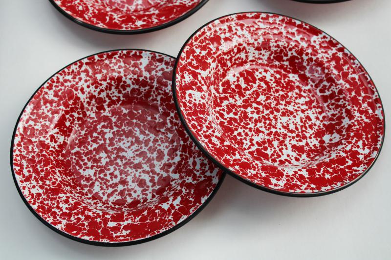 vintage red & white splatterware enamel ware pasta / soup bowls or camp plates