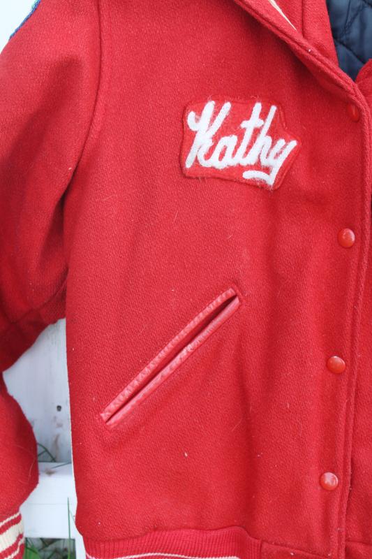 vintage red wool varsity letter jacket embroidered Kathy cheerleader squad patch