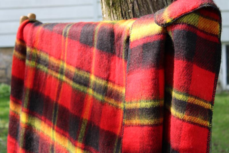 vintage red / yellow / black plaid camp blanket, never used soft acrylic throw