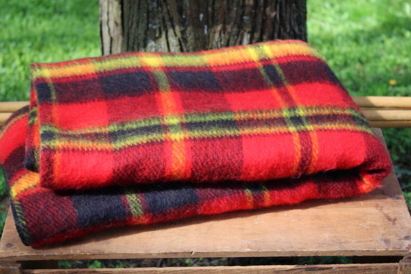 vintage red / yellow / black plaid camp blanket, never used soft acrylic throw