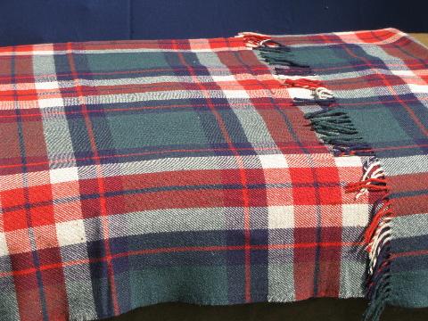 vintage red/green/navy plaid pure wool camp blanket, fringed throw