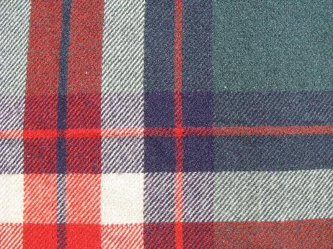 vintage red/green/navy plaid pure wool camp blanket, fringed throw