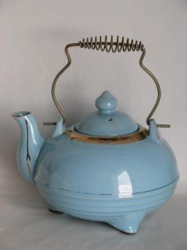 vintage redware pottery tea pot w/ wire handle, old blue kitchen teapot