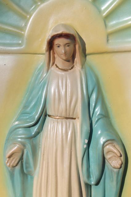 vintage religious chalkware figure of Mary lighted grotto wall hanging niche shrine