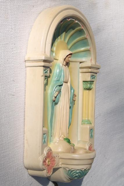 vintage religious chalkware figure of Mary lighted grotto wall hanging niche shrine
