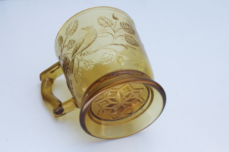 vintage reproduction antique Bird  Strawberry EAPG pattern amber glass mug