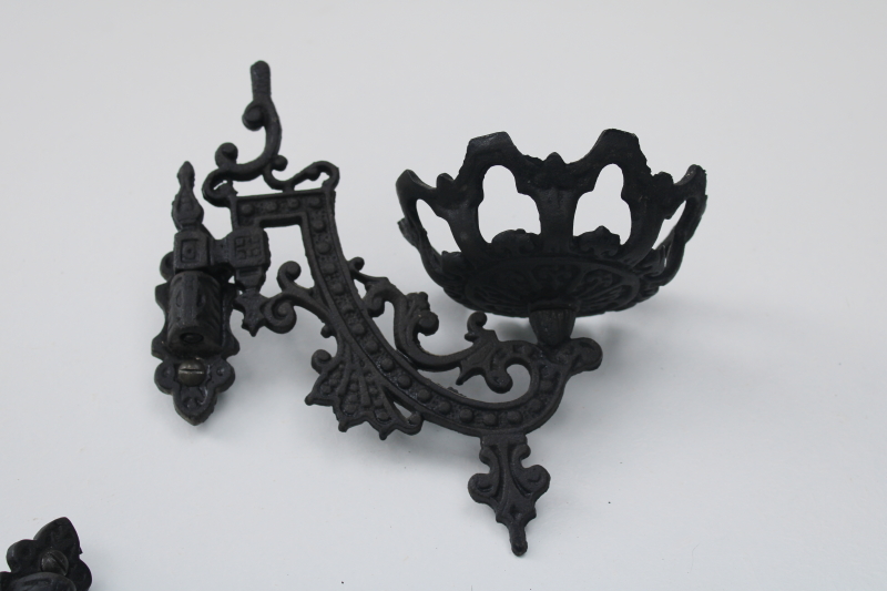 vintage reproduction antique oil lamp holder brackets, ornate cast metal matte black