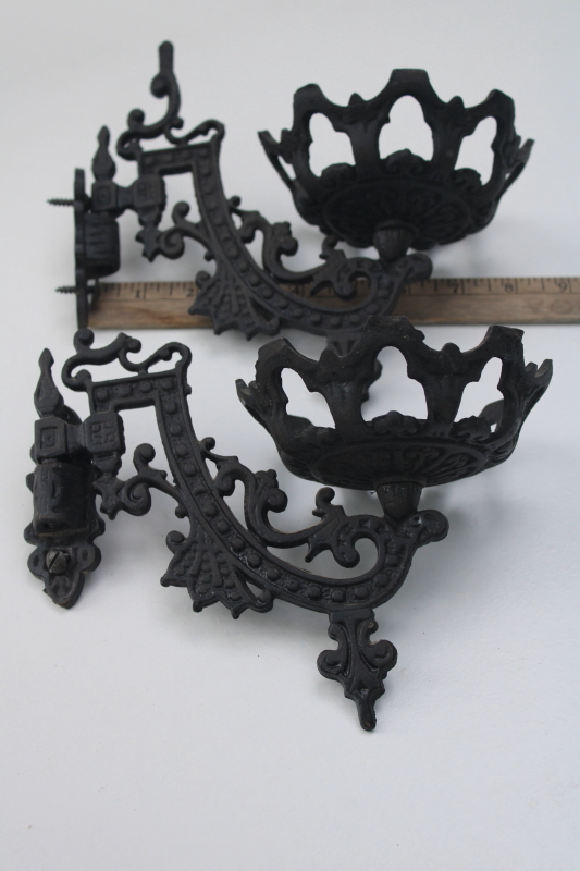 vintage reproduction antique oil lamp holder brackets, ornate cast metal matte black